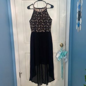black and skin tone lace high low dress